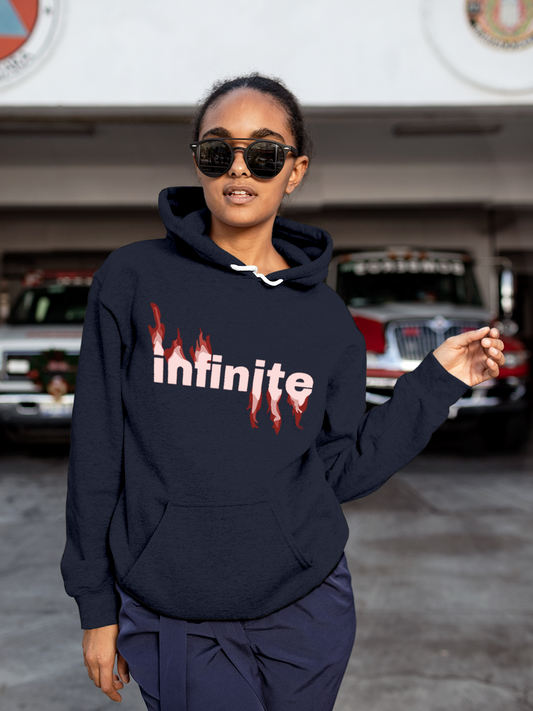 Fighterhero Hoodie Collection: Model wearing Women's Navy Blue Hoodie Sweatshirt with 'Infinite' design