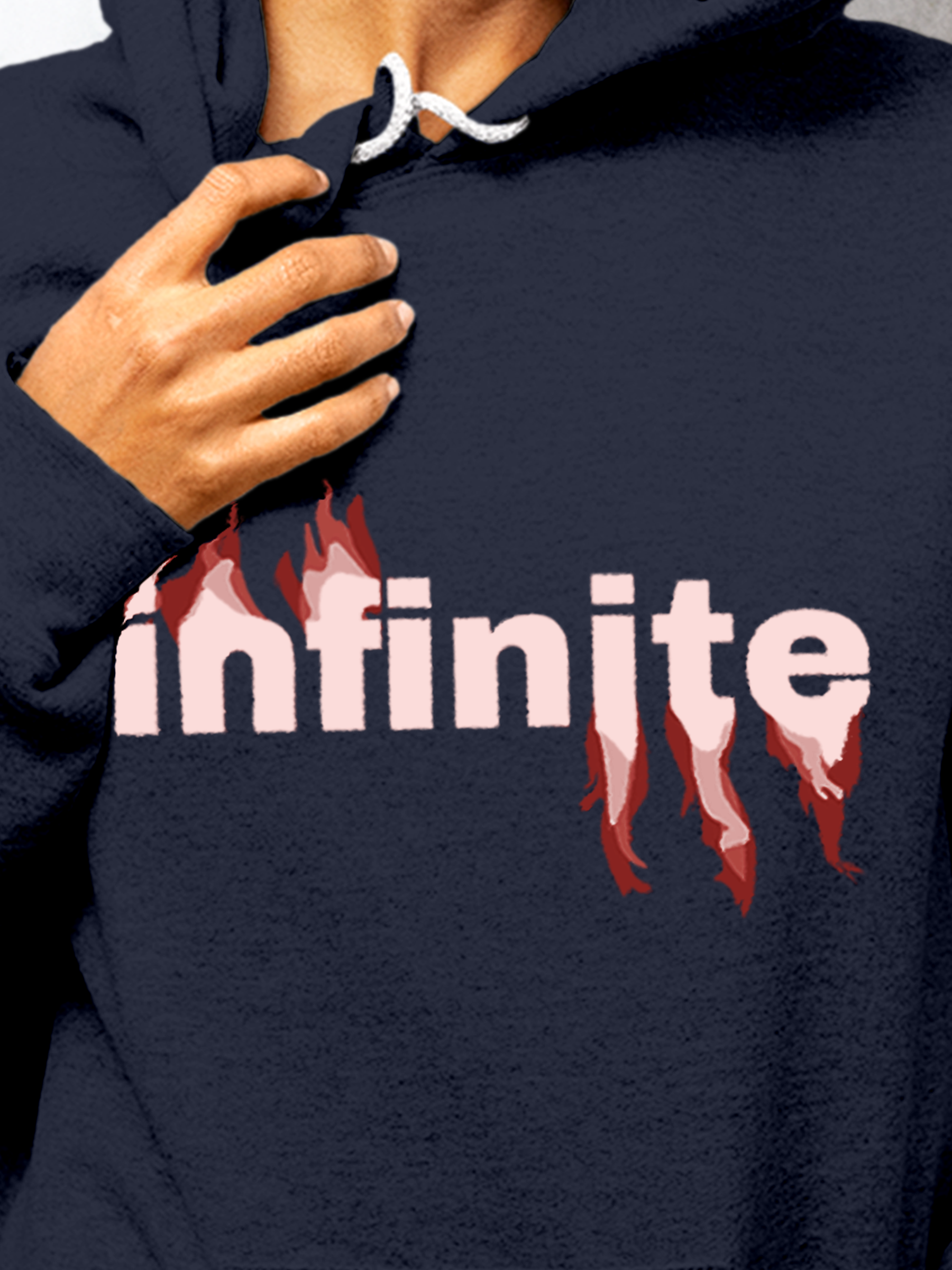 Close up of 'Infinite' design on Women's Navy Blue Hoodie Sweatshirt, highlighting intricate details and vibrant print.