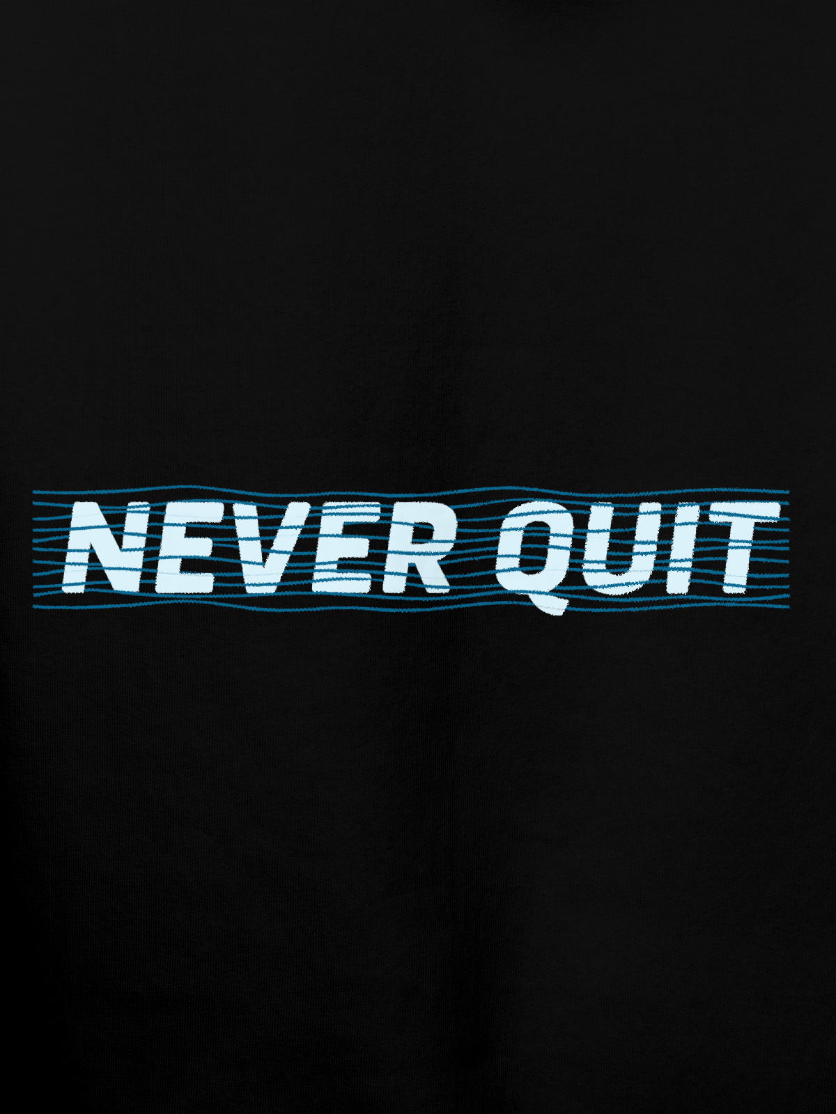 Close up of 'Never Quit' design on Men's Black Hoodie Sweatshirt, highlighting intricate details and vibrant print.