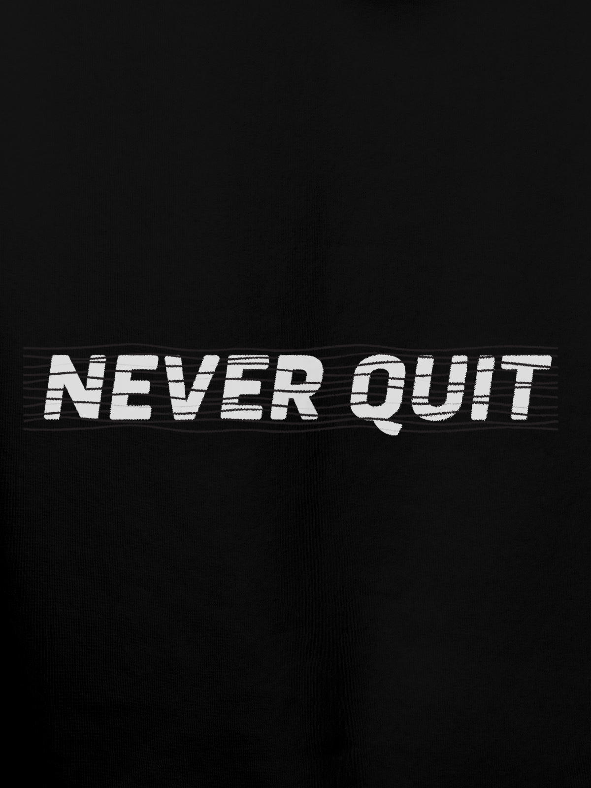 Close up of 'Never Quit' design on Men's Black Hoodie Sweatshirt, highlighting intricate details and vibrant print.