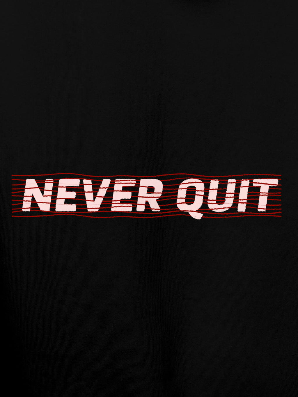 Close up of 'Never Quit' design on Men's Black Hoodie Sweatshirt, highlighting intricate details and vibrant print.