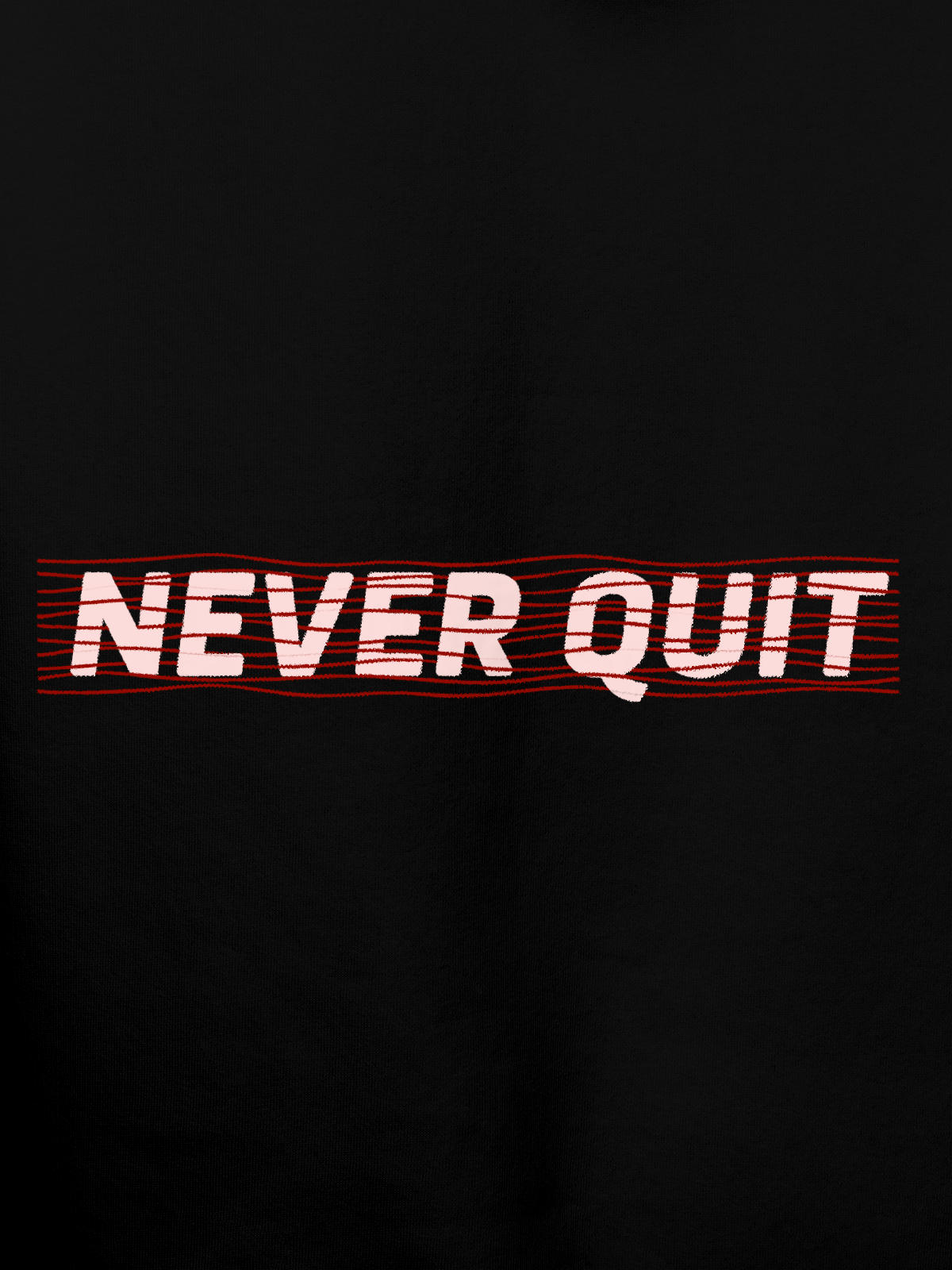 Close up of 'Never Quit' design on Men's Black Hoodie Sweatshirt, highlighting intricate details and vibrant print.