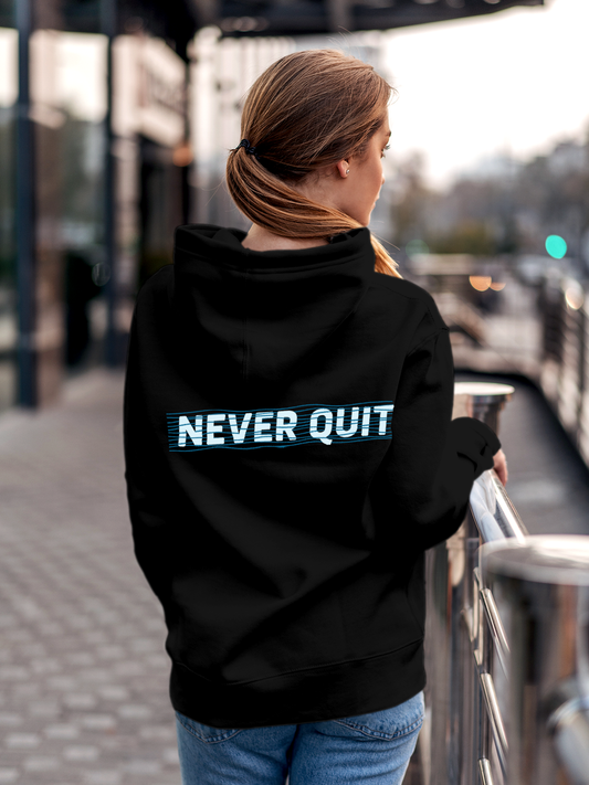 Fighterhero Hoodie Collection: Model wearing Women's Black Hoodie Sweatshirt with 'Never Quit' design