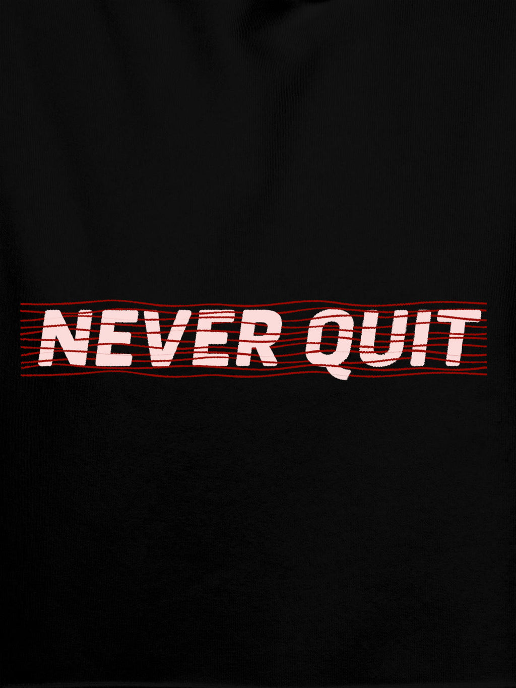 Close up of 'Never Quit' design on Women's Black Hoodie Sweatshirt, highlighting intricate details and vibrant print.