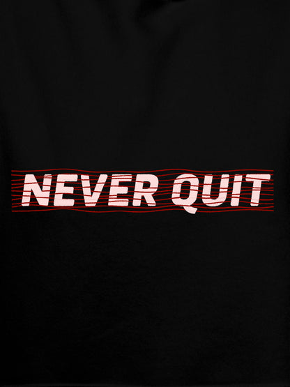 Close up of 'Never Quit' design on Women's Black Hoodie Sweatshirt, highlighting intricate details and vibrant print.