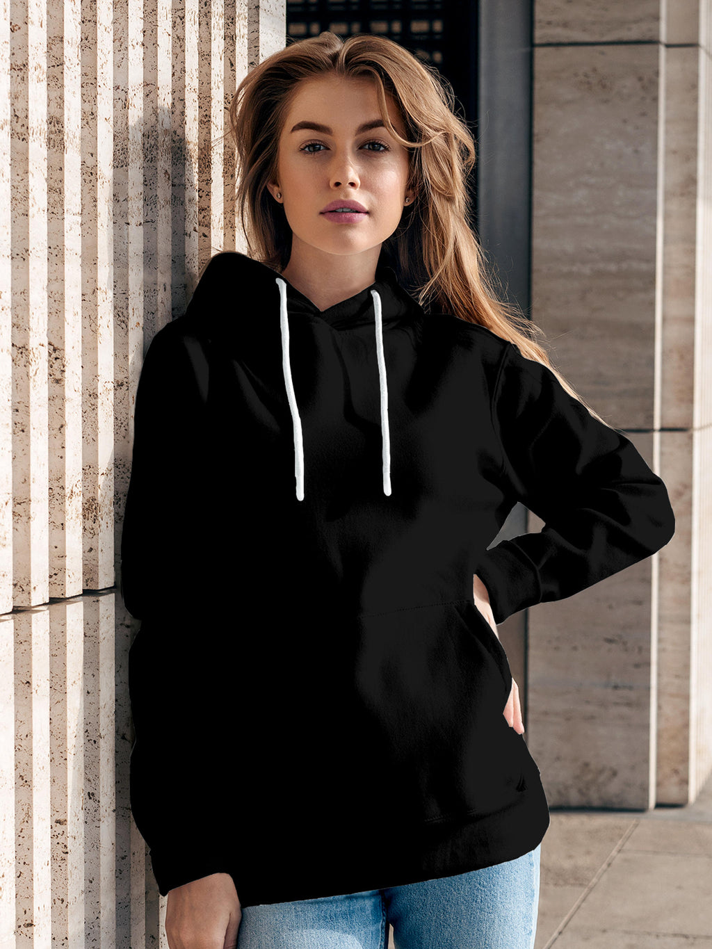 Front view of Fighterhero Women's Black Hoodie Sweatshirt, highlighting the modern look and clean finish