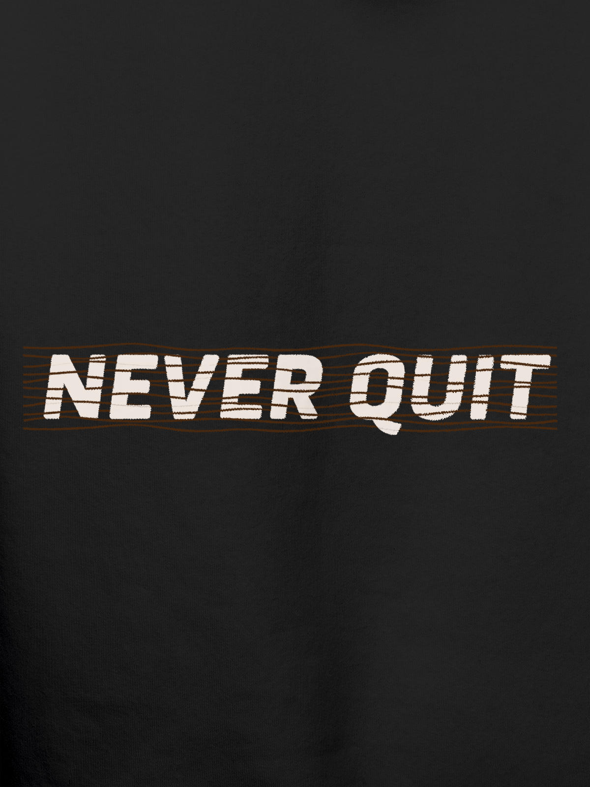 Close up of 'Never Quit' design on Men's Dark Grey Hoodie Sweatshirt, highlighting intricate details and vibrant print.