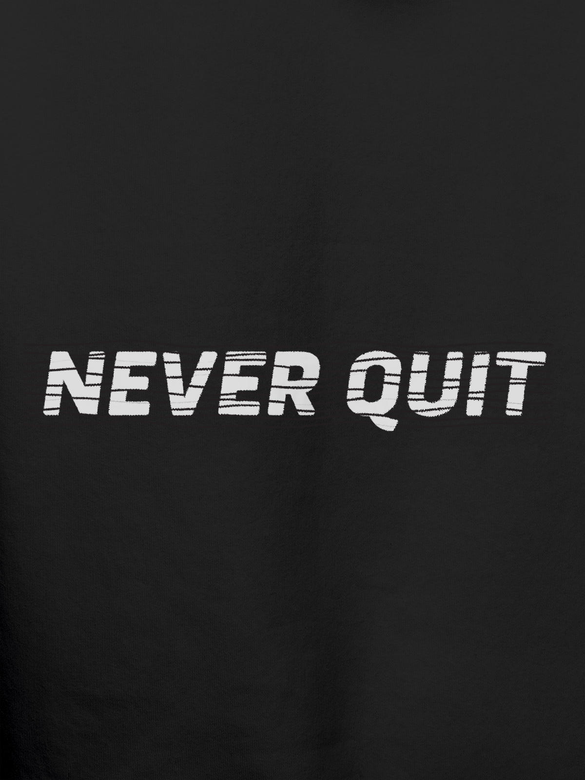 Close up of 'Never Quit' design on Men's Dark Grey Hoodie Sweatshirt, highlighting intricate details and vibrant print.