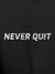 Close up of 'Never Quit' design on Men's Dark Grey Hoodie Sweatshirt, highlighting intricate details and vibrant print.