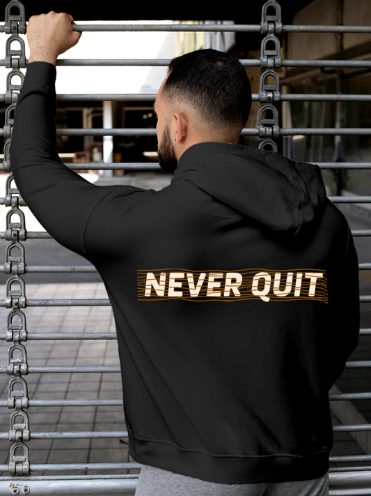 Fighterhero Hoodie Collection: Model wearing Men's Charcoal Grey Hoodie Sweatshirt with 'Never Quit' design