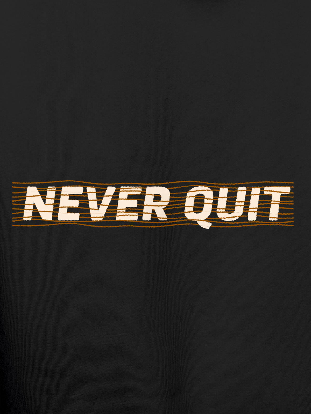Close up of 'Never Quit' design on Men's Dark Grey Hoodie Sweatshirt, highlighting intricate details and vibrant print.