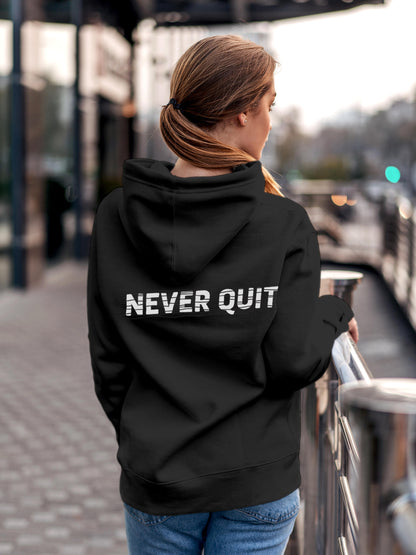Model wearing Women's Dark Grey Hoodie Sweatshirt with 'Never Quit' design, offering effortless style and premium comfort