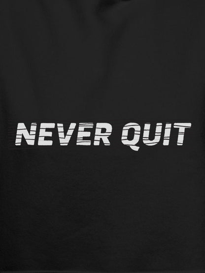 Close up of 'Never Quit' design on Women's Dark Grey Hoodie Sweatshirt, highlighting intricate details and vibrant print.