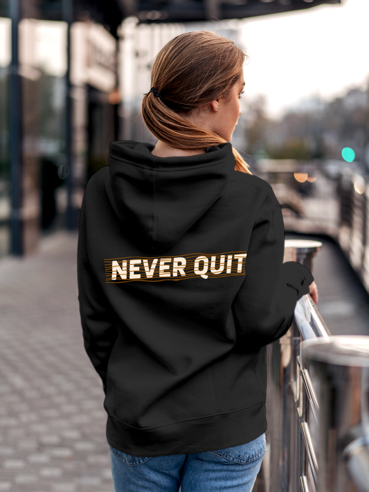 Fighterhero Hoodie Collection: Model wearing Women's Charcoal Grey Hoodie Sweatshirt with 'Never Quit' design