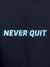 Close up of 'Never Quit' design on Men's Navy Blue Hoodie Sweatshirt, highlighting intricate details and vibrant print.