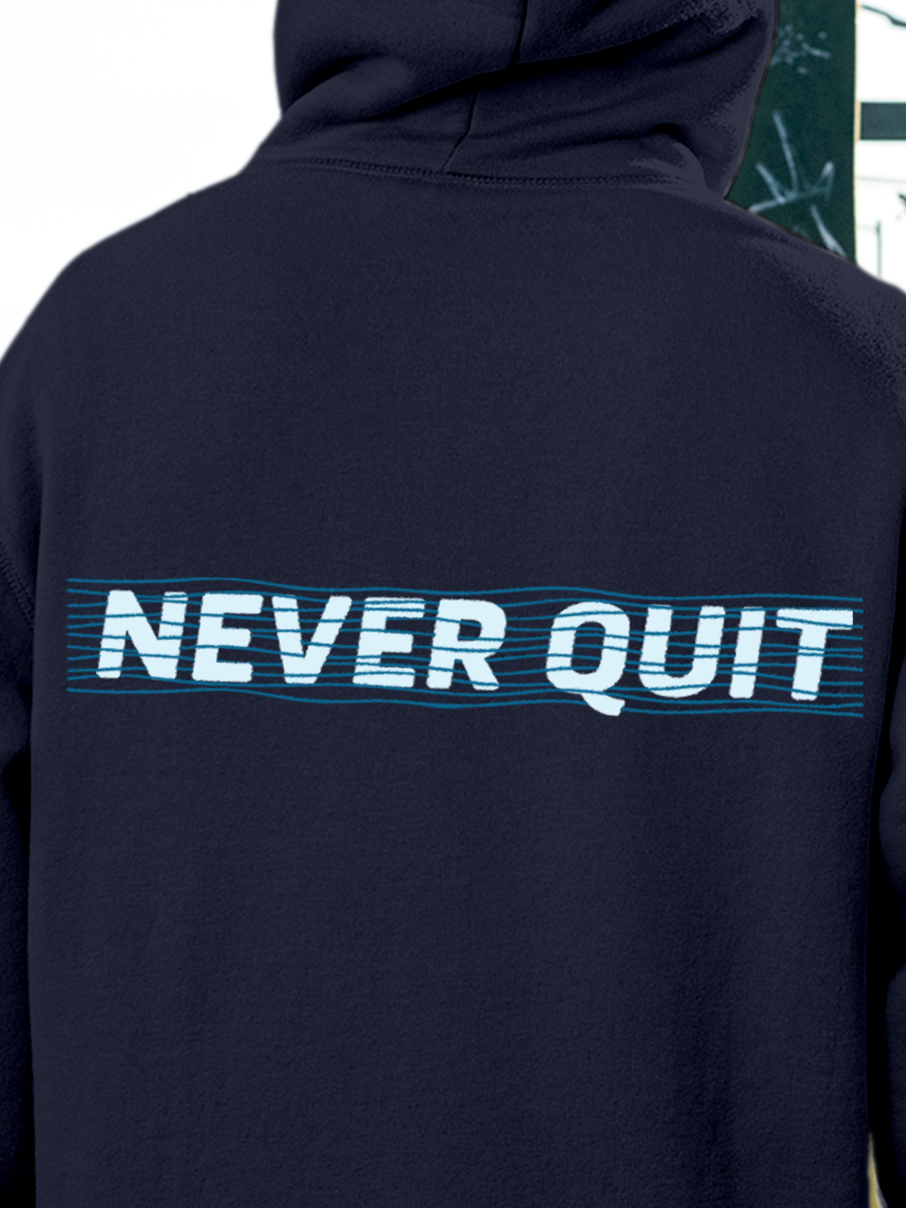 Close up of 'Never Quit' design on Men's Navy Blue Hoodie Sweatshirt, highlighting intricate details and vibrant print.