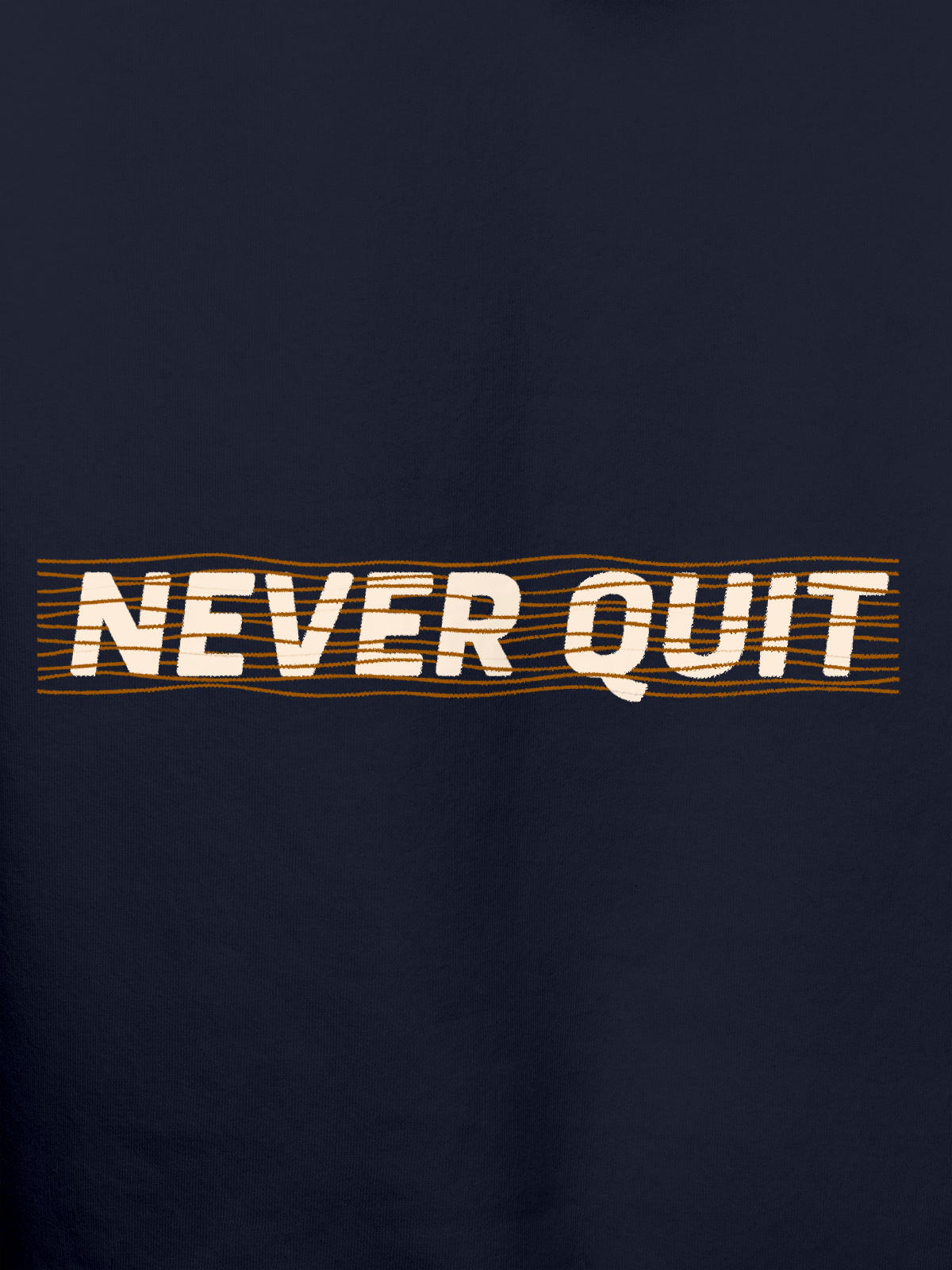 Close up of 'Never Quit' design on Men's Navy Blue Hoodie Sweatshirt, highlighting intricate details and vibrant print.