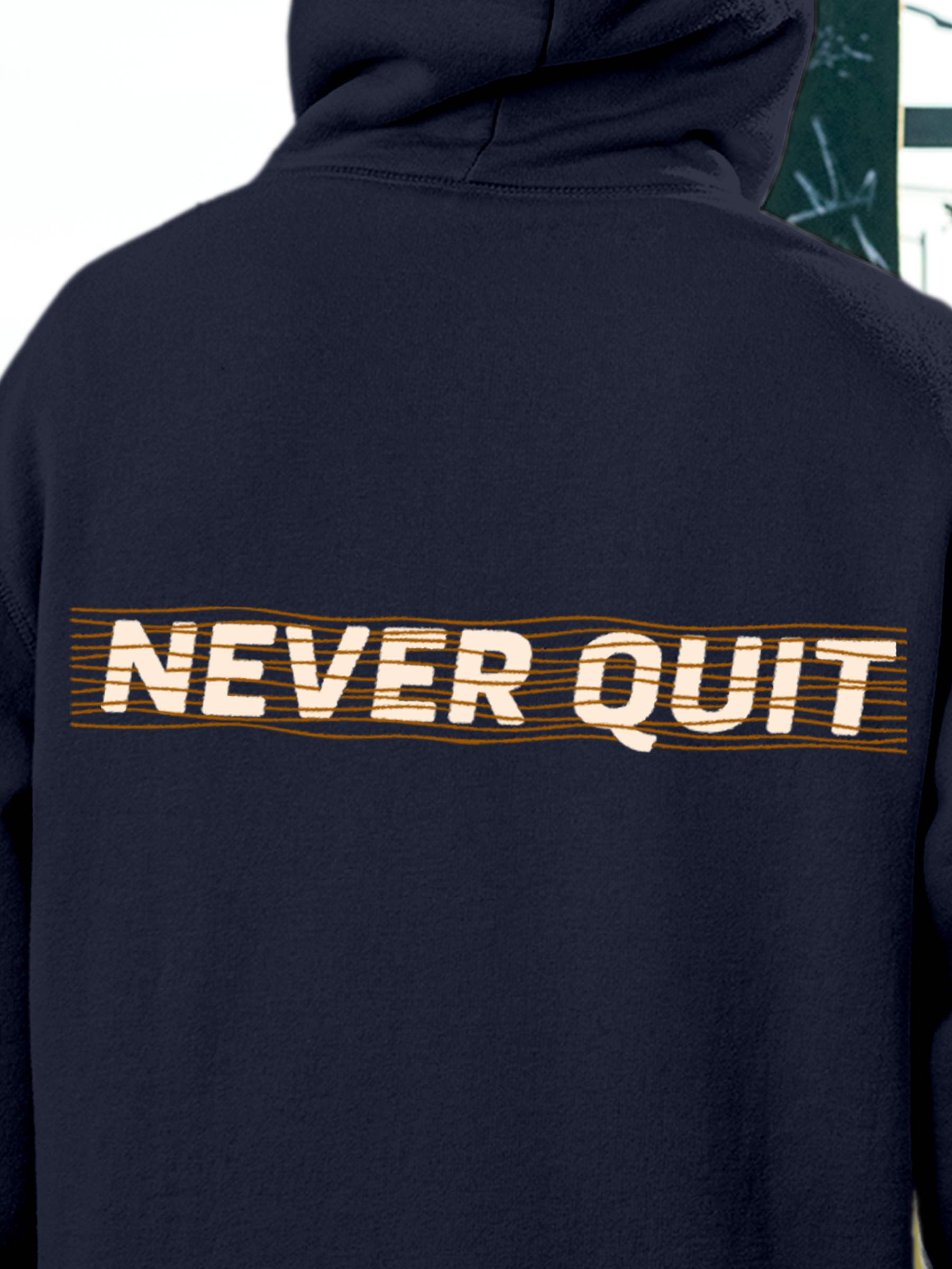 Close up of 'Never Quit' design on Men's Navy Blue Hoodie Sweatshirt, highlighting intricate details and vibrant print.