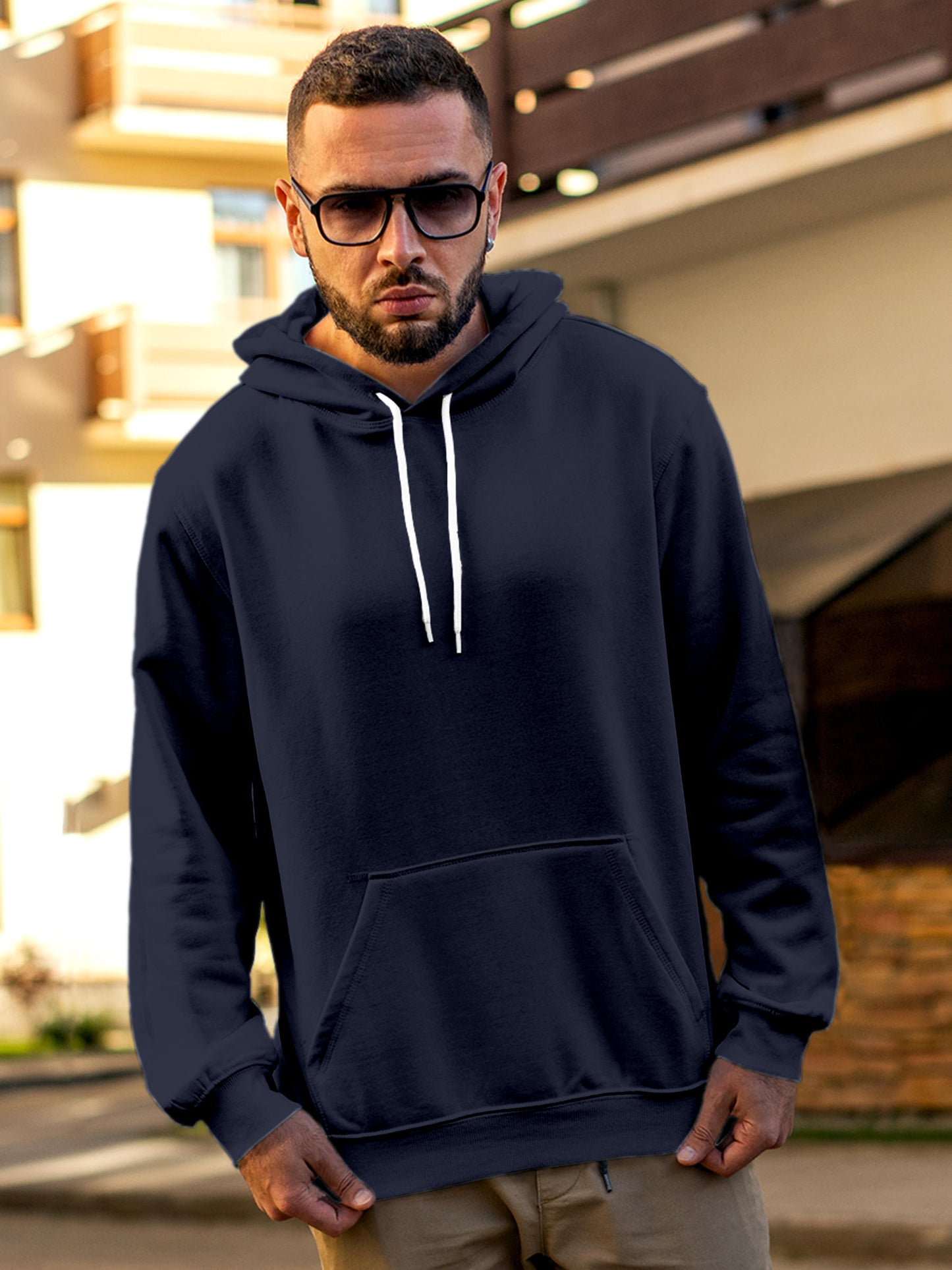 Front view of Fighterhero Men's Navy Blue Hoodie Sweatshirt, highlighting the modern look and clean finish