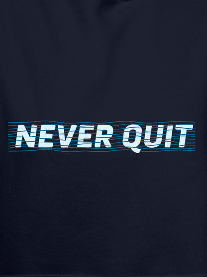 Close up of 'Never Quit' design on Women's Navy Blue Hoodie Sweatshirt, highlighting intricate details and vibrant print.