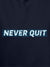 Close up of 'Never Quit' design on Women's Navy Blue Hoodie Sweatshirt, highlighting intricate details and vibrant print.