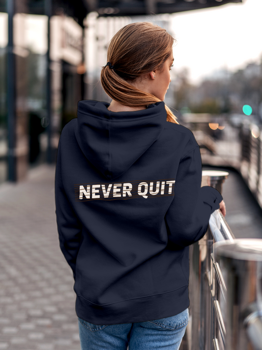 Fighterhero Hoodie Collection: Model wearing Women's Navy Blue Hoodie Sweatshirt with 'Never Quit' design