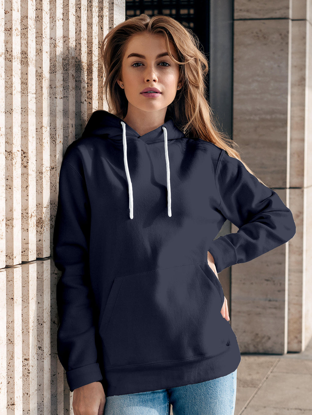 Front view of Fighterhero Women's Navy Blue Hoodie Sweatshirt, highlighting the modern look and clean finish