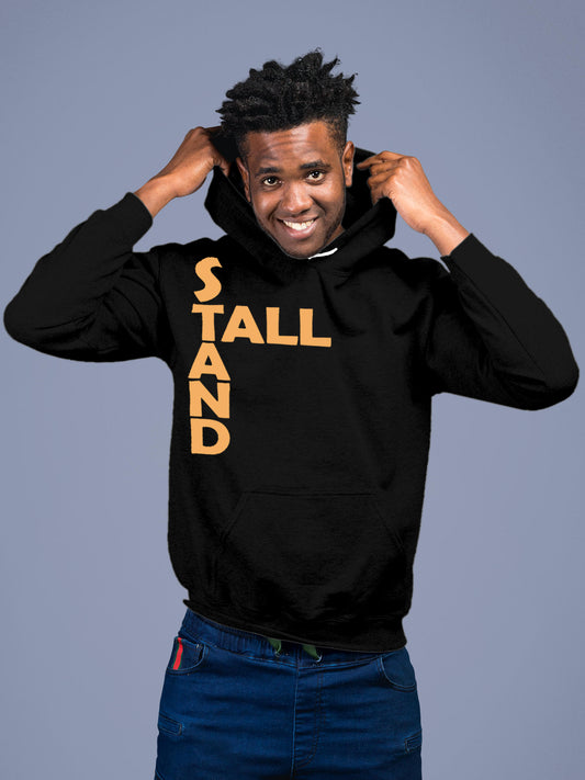Model wearing Men's Black Hoodie Sweatshirt with 'Stand Tall' design, offering effortless style and premium comfort