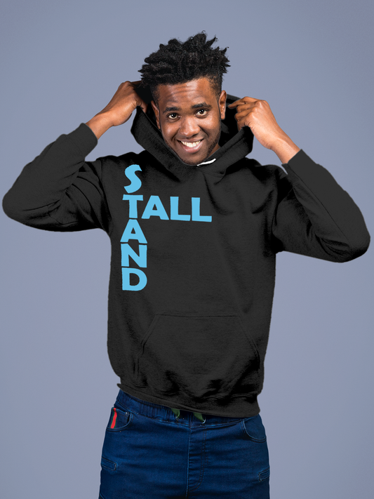 Fighterhero Hoodie Collection: Model wearing Men's Charcoal Grey Hoodie Sweatshirt with 'Stand Tall' design
