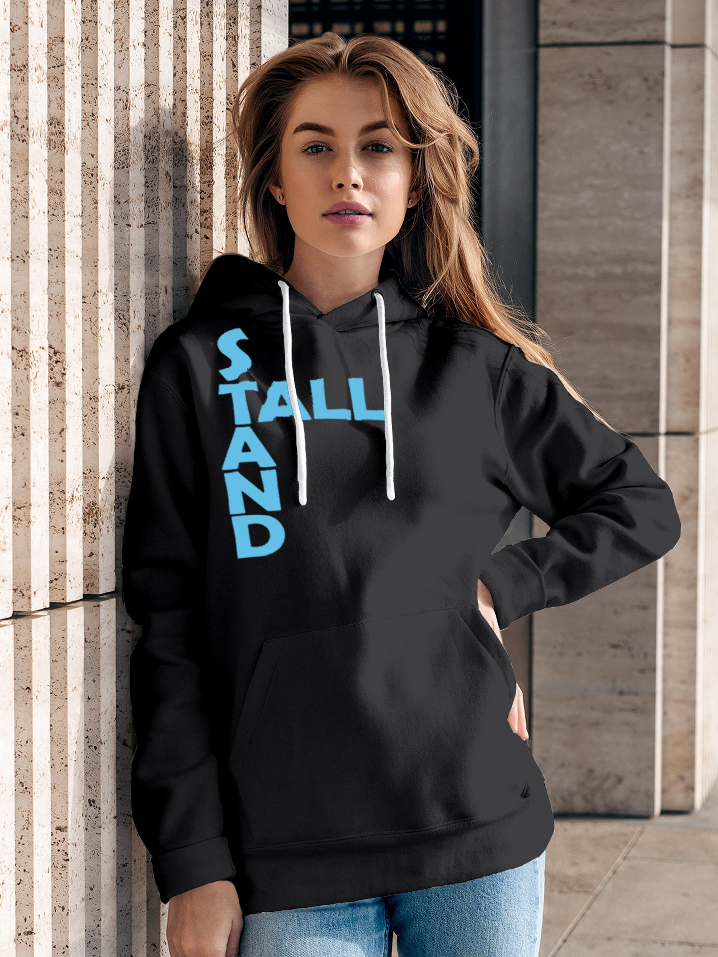 Model wearing Women's Dark Grey Hoodie Sweatshirt with 'Stand Tall' design, offering effortless style and premium comfort