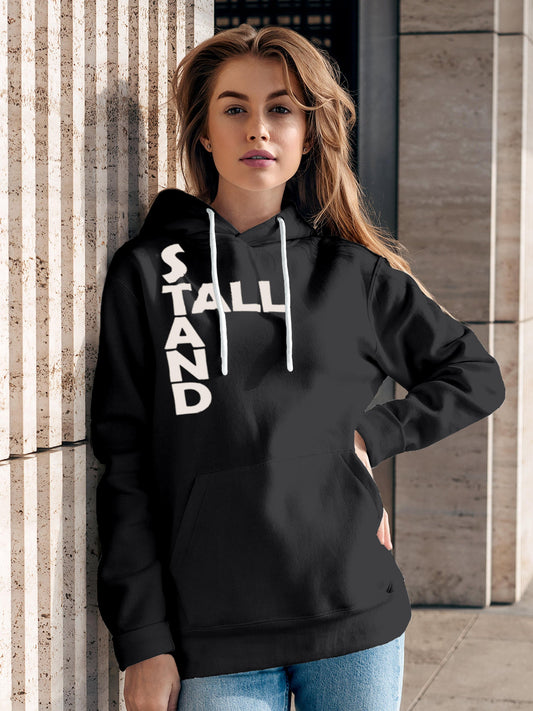 Model wearing Women's Dark Grey Hoodie Sweatshirt with 'Stand Tall' design, offering effortless style and premium comfort