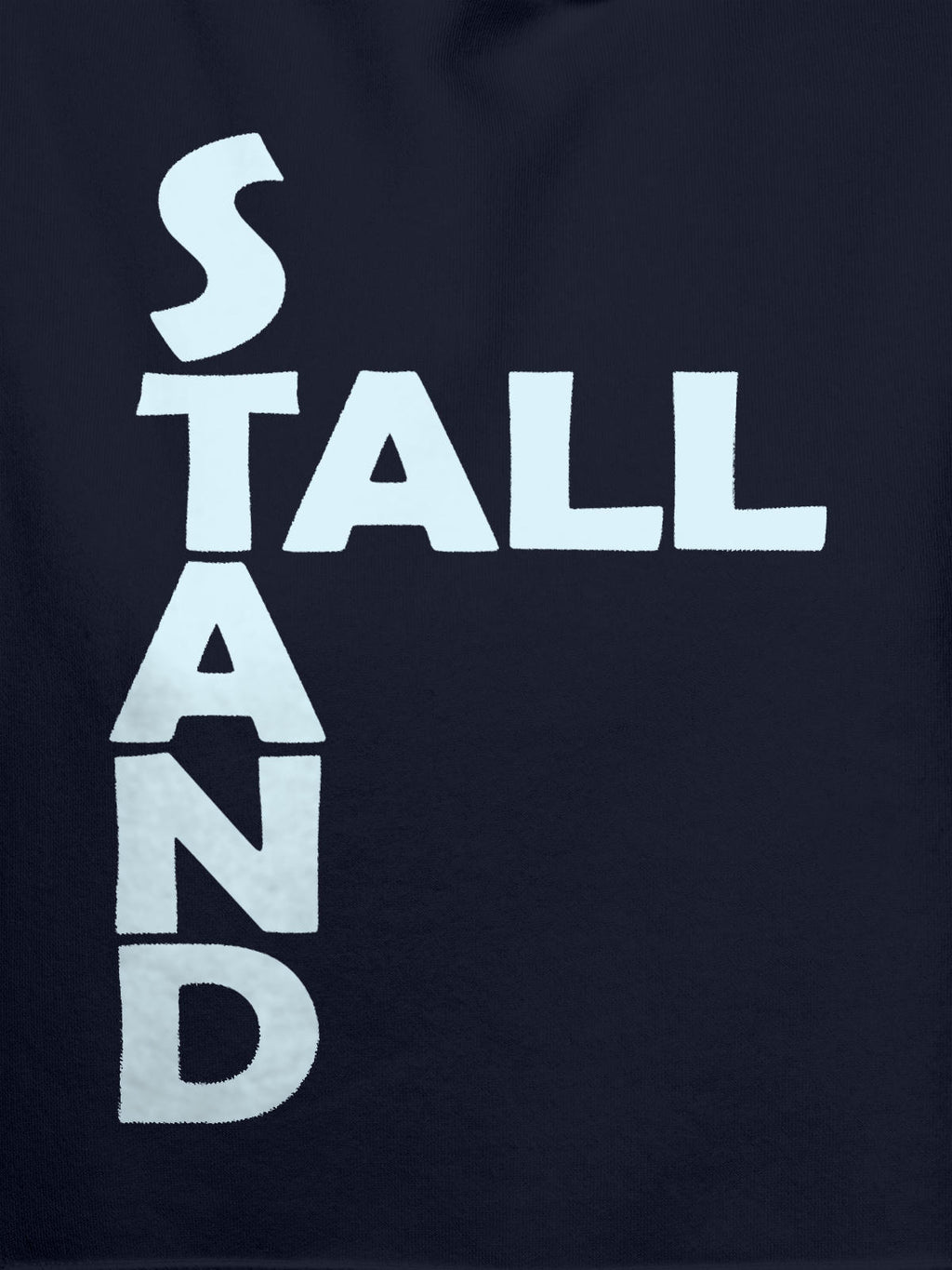 Close up of 'Stand Tall' design on Men's Navy Blue Hoodie Sweatshirt, highlighting intricate details and vibrant print.