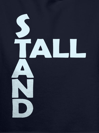 Close up of 'Stand Tall' design on Men's Navy Blue Hoodie Sweatshirt, highlighting intricate details and vibrant print.