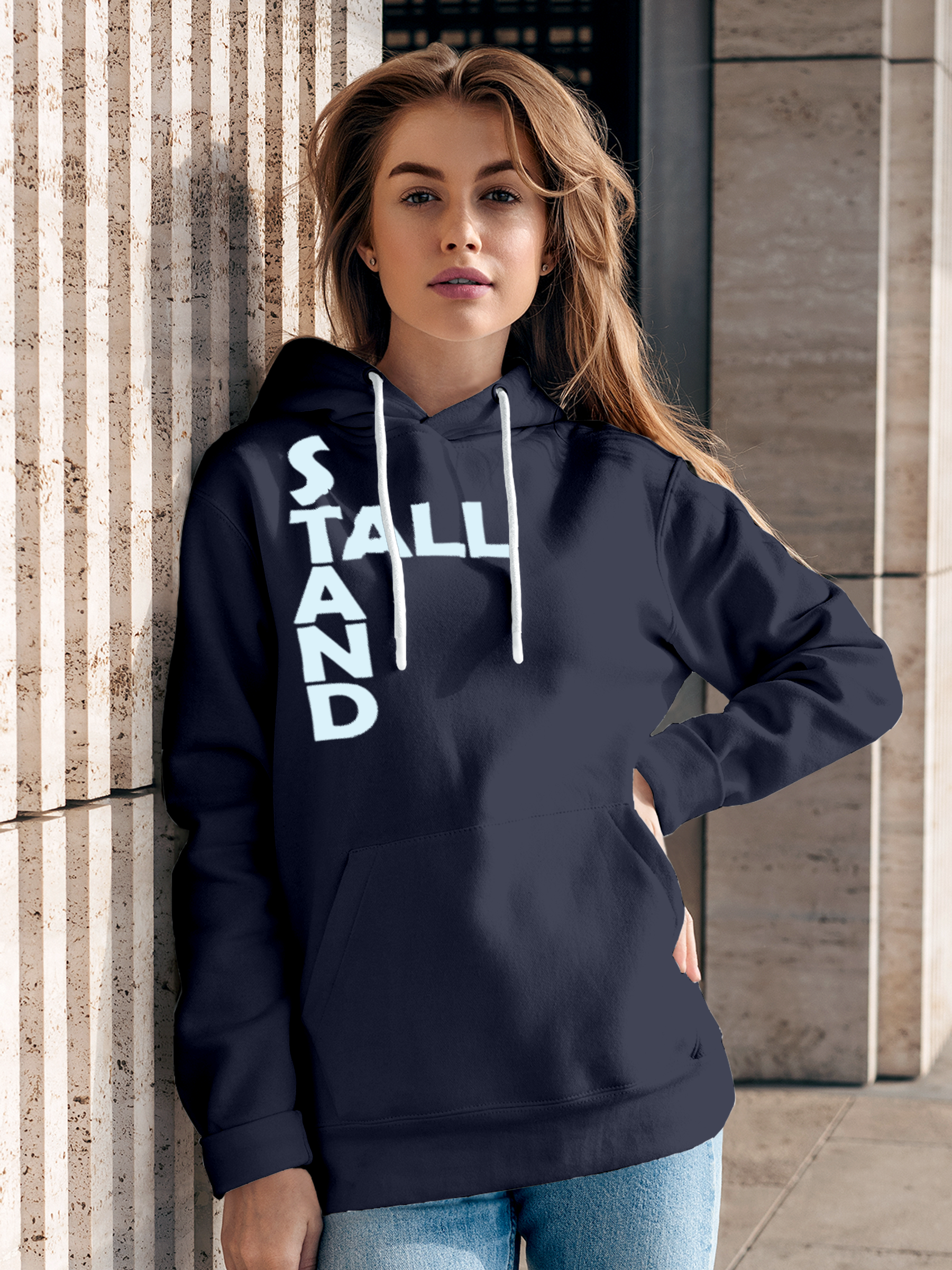 Model wearing Women's Navy Blue Hoodie Sweatshirt with 'Stand Tall' design, offering effortless style and premium comfort
