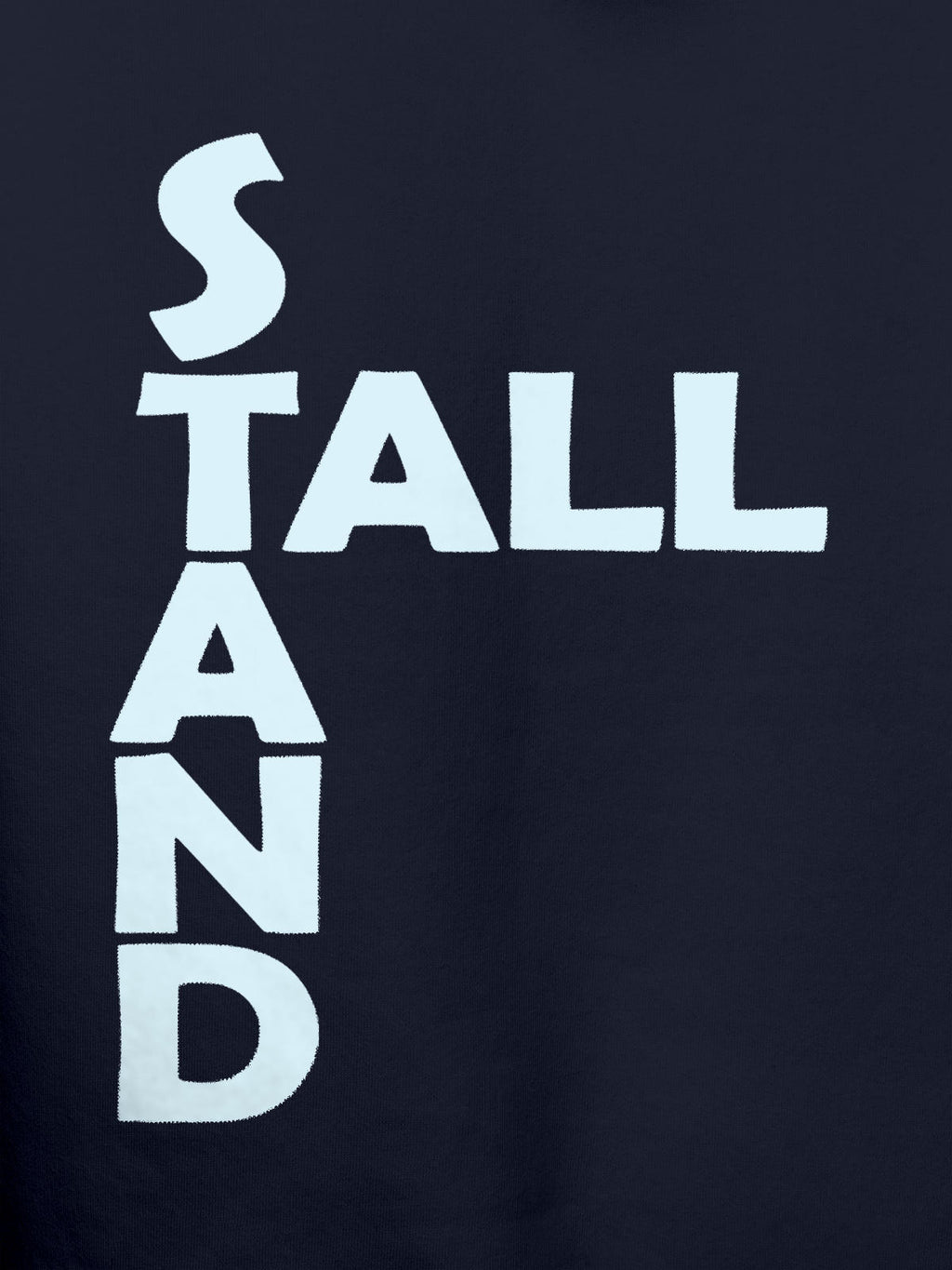 Close up of 'Stand Tall' design on Women's Navy Blue Hoodie Sweatshirt, highlighting intricate details and vibrant print.