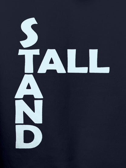 Close up of 'Stand Tall' design on Women's Navy Blue Hoodie Sweatshirt, highlighting intricate details and vibrant print.