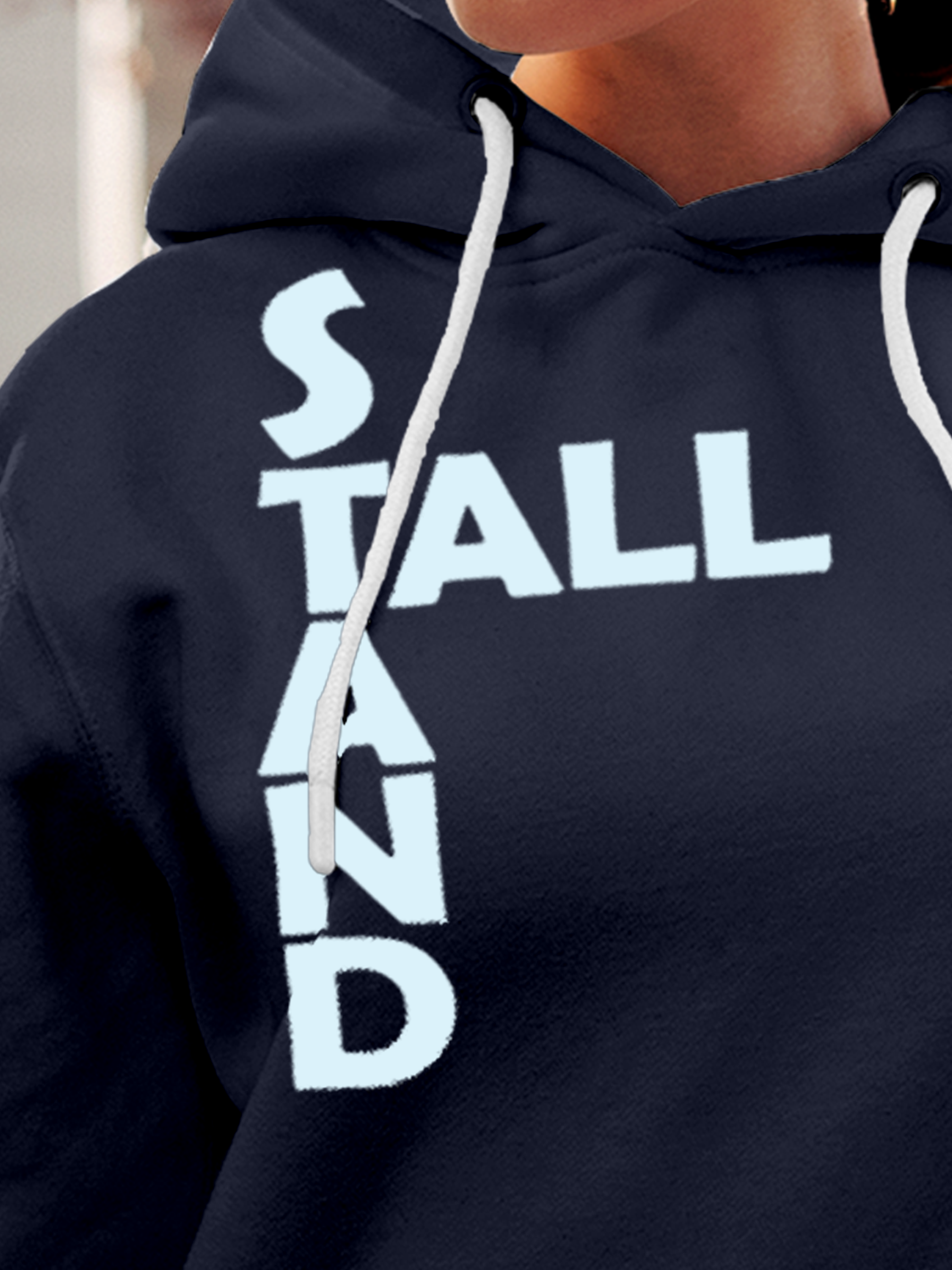 Close up of 'Stand Tall' design on Women's Navy Blue Hoodie Sweatshirt, highlighting intricate details and vibrant print.