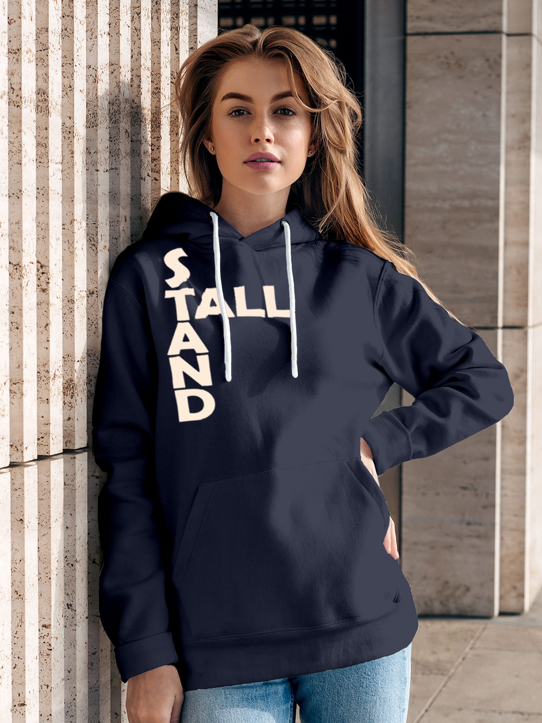 Model wearing Women's Navy Blue Hoodie Sweatshirt with 'Stand Tall' design, offering effortless style and premium comfort