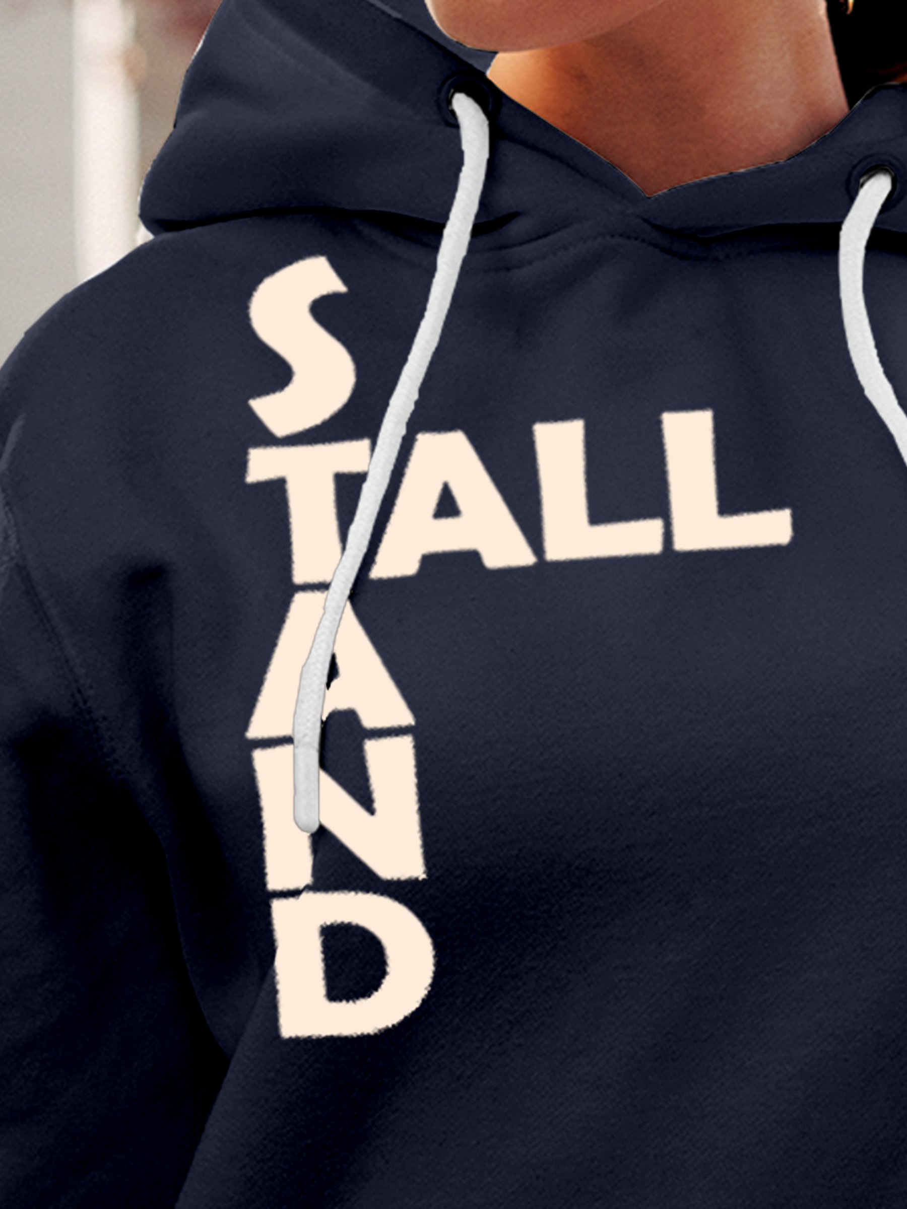 Close up of 'Stand Tall' design on Women's Navy Blue Hoodie Sweatshirt, highlighting intricate details and vibrant print.