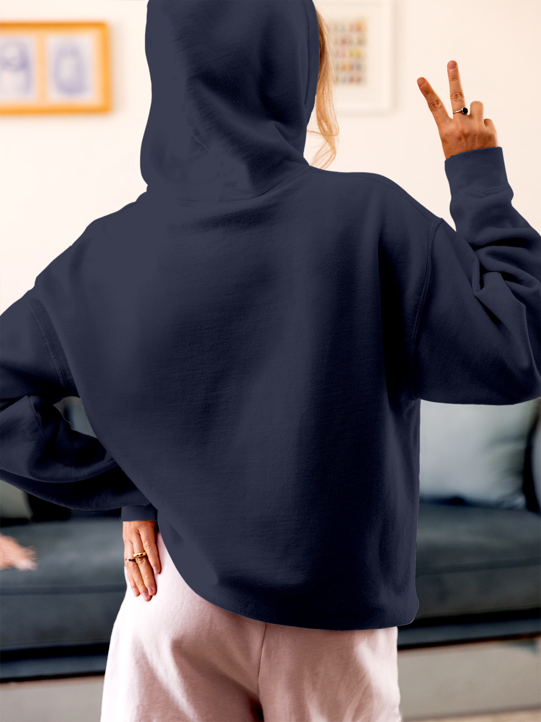Back view of Fighterhero Women's Navy Blue Hoodie Sweatshirt, highlighting the modern look and clean finish