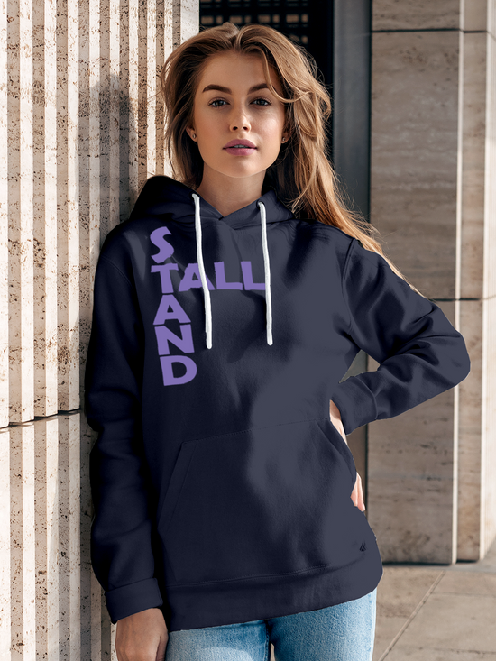 Fighterhero Hoodie Collection: Model wearing Women's Navy Blue Hoodie Sweatshirt with 'Stand Tall' design