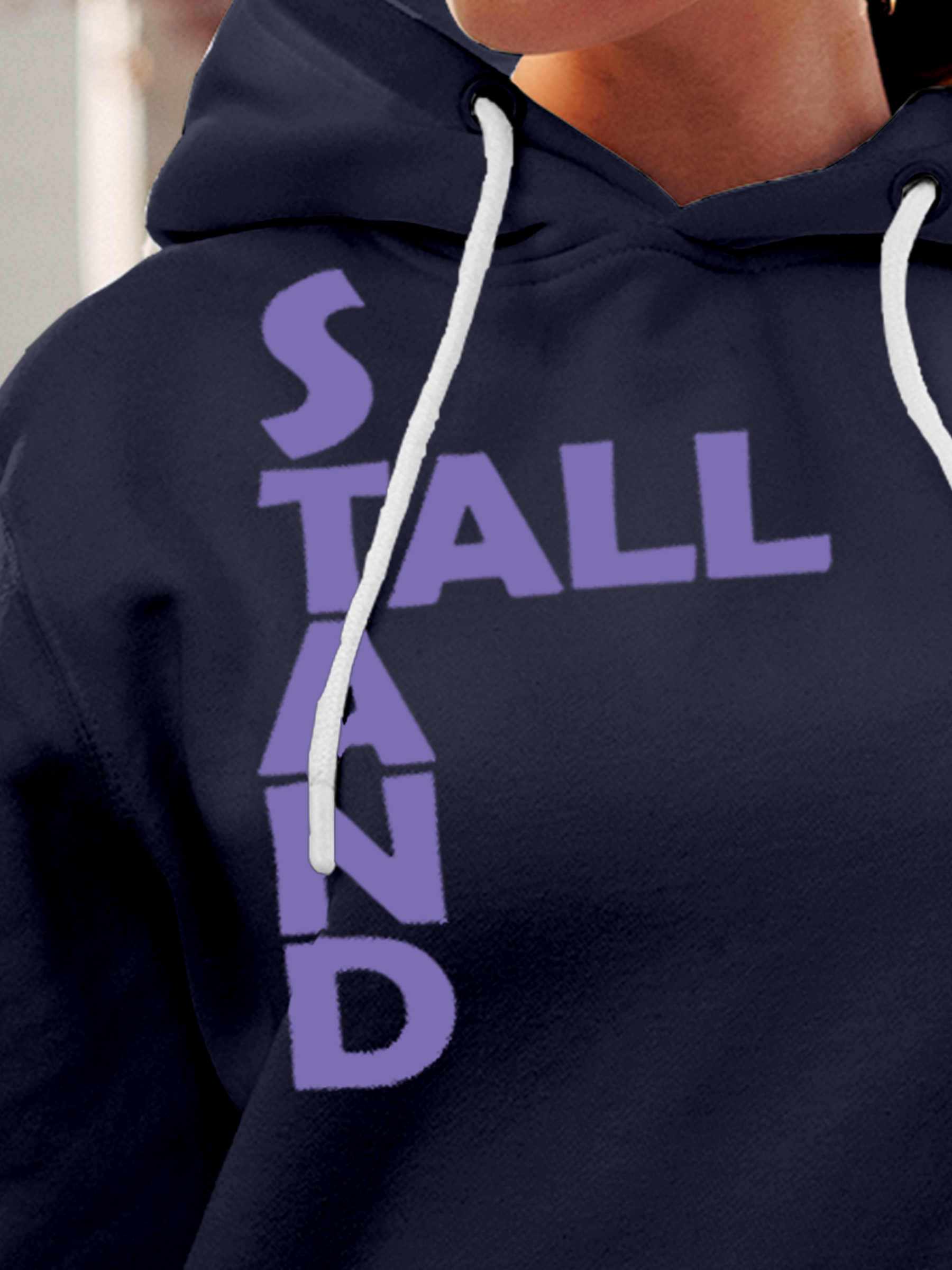 Close up of 'Stand Tall' design on Women's Navy Blue Hoodie Sweatshirt, highlighting intricate details and vibrant print.