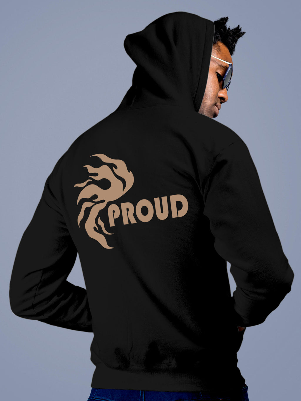 Model wearing Men's Black Hoodie Sweatshirt with 'Proud' design, offering effortless style and premium comfort