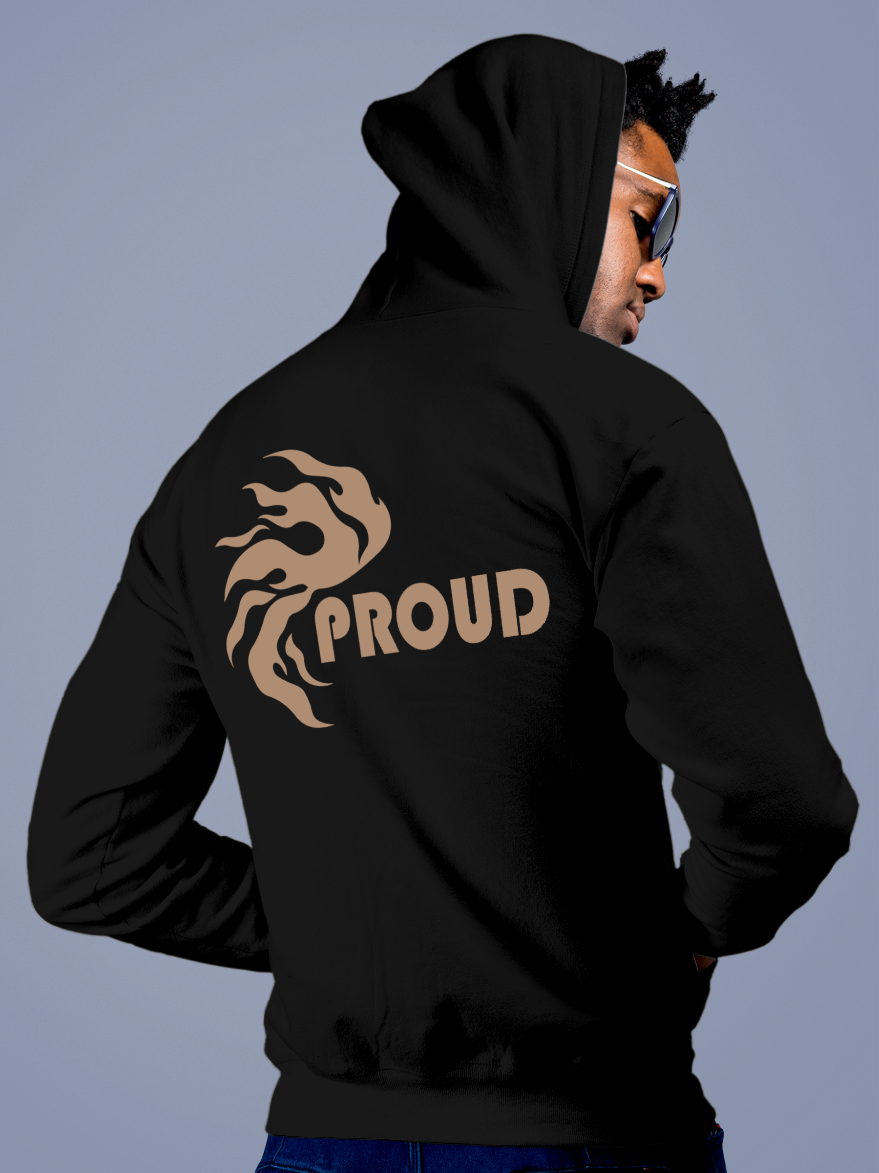 Model wearing Men's Black Hoodie Sweatshirt with 'Proud' design, offering effortless style and premium comfort