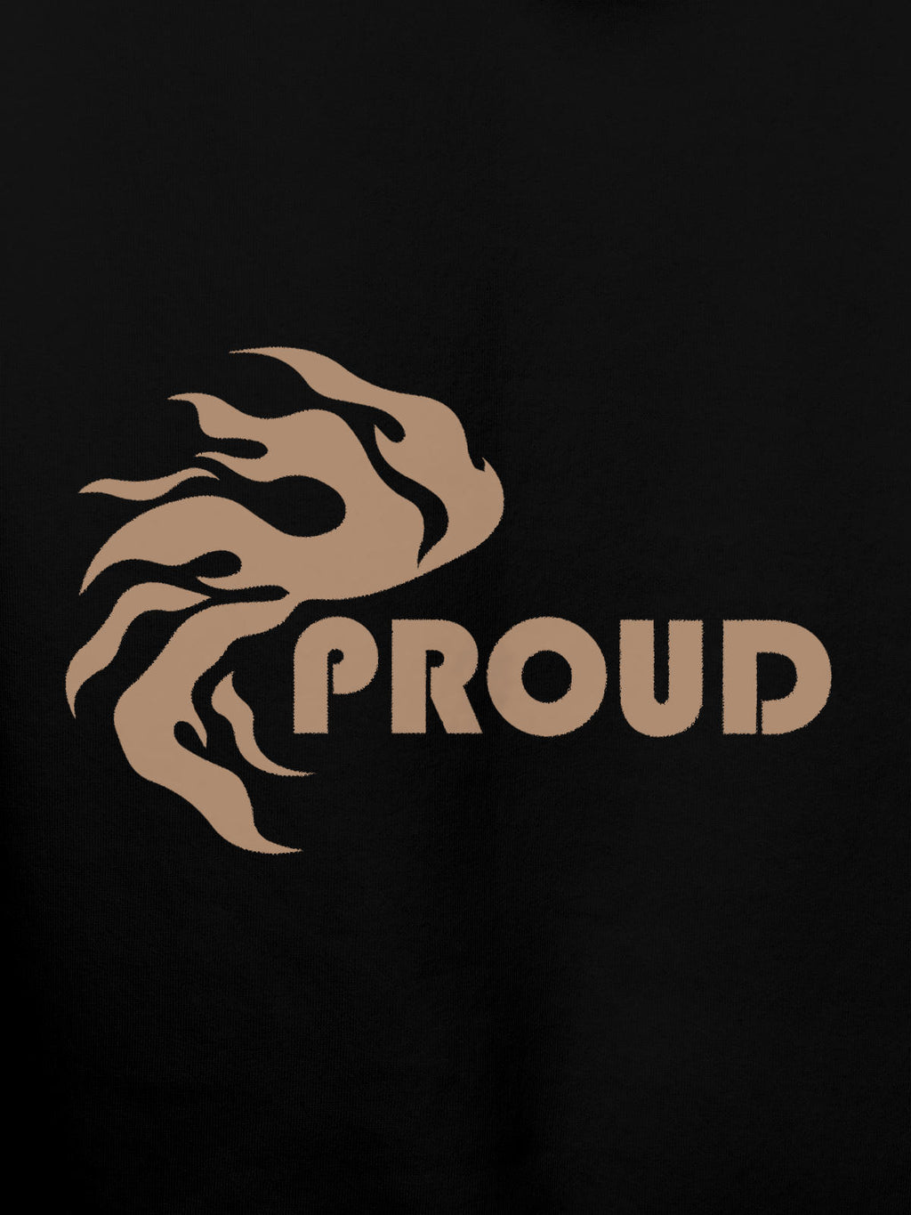 Close up of 'Proud' design on Men's Black Hoodie Sweatshirt, highlighting intricate details and vibrant print.