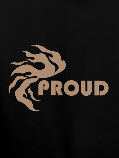 Close up of 'Proud' design on Men's Black Hoodie Sweatshirt, highlighting intricate details and vibrant print.
