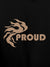 Close up of 'Proud' design on Men's Black Hoodie Sweatshirt, highlighting intricate details and vibrant print.
