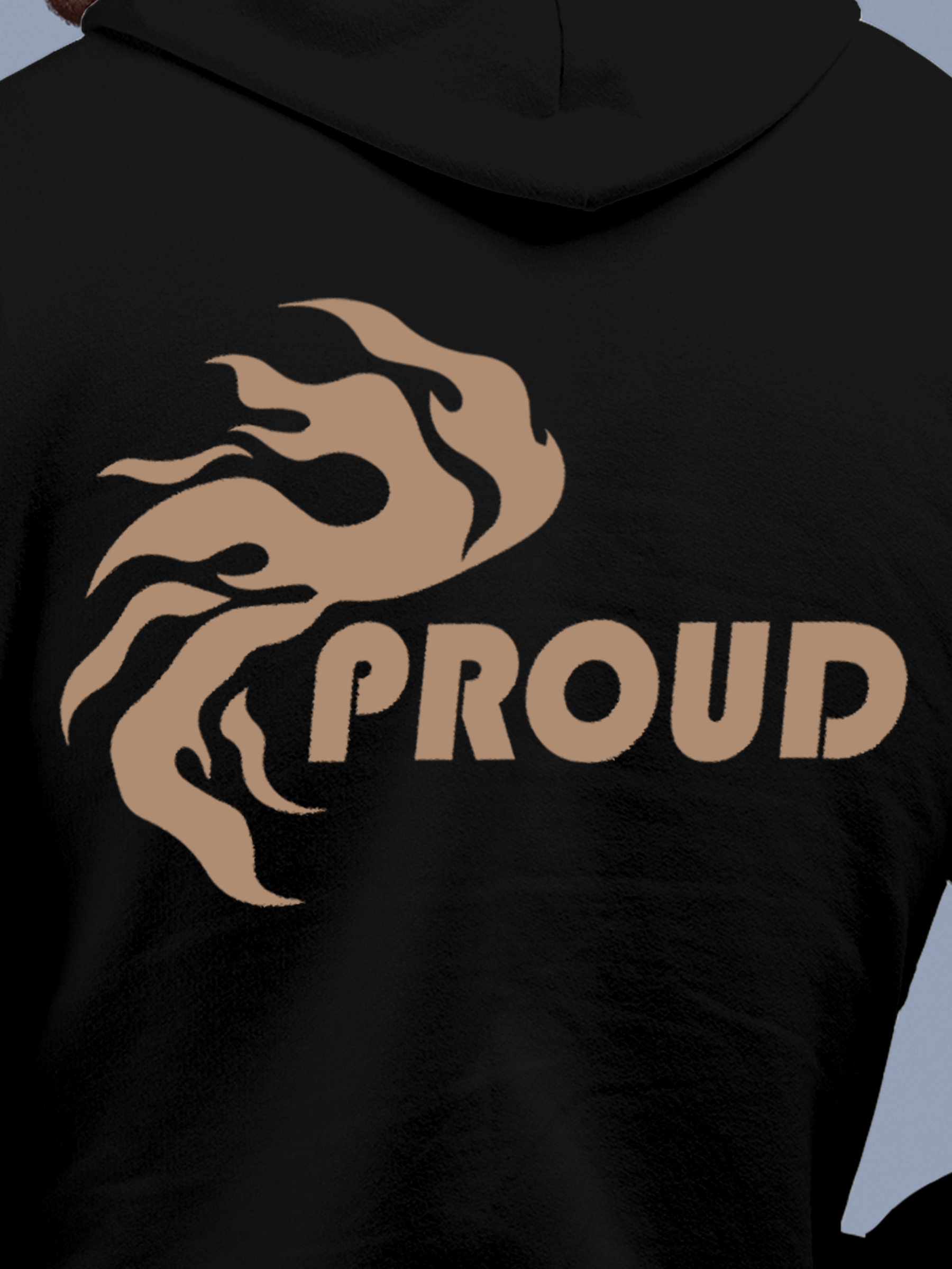 Close up of 'Proud' design on Men's Black Hoodie Sweatshirt, highlighting intricate details and vibrant print.