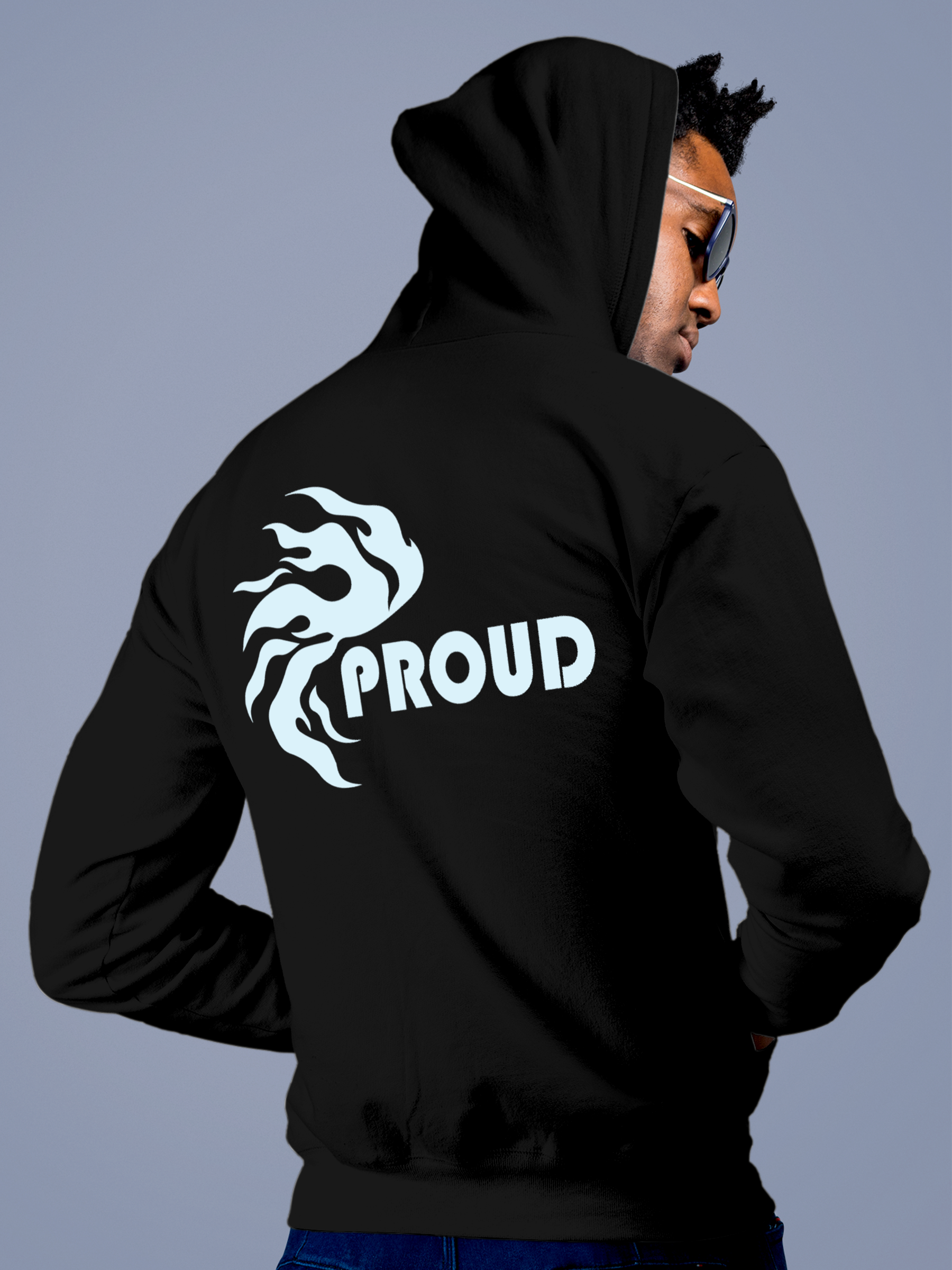 Model wearing Men's Black Hoodie Sweatshirt with 'Proud' design, offering effortless style and premium comfort