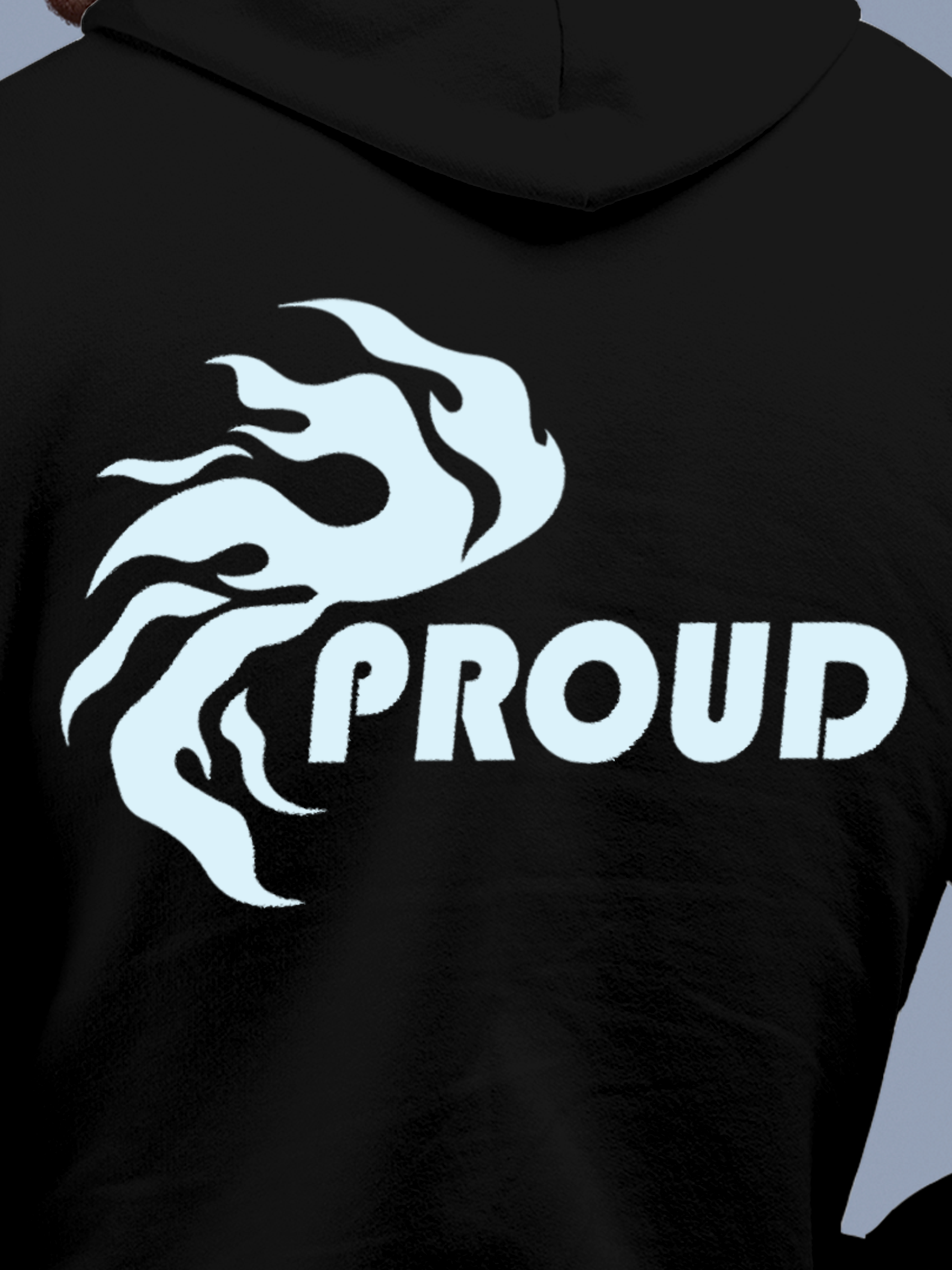 Close up of 'Proud' design on Men's Black Hoodie Sweatshirt, highlighting intricate details and vibrant print.